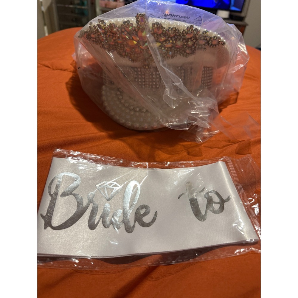 Nicky Bigs Novelties Bride Captain Hat Rhinestone Pearl Tiara & Sash Set White